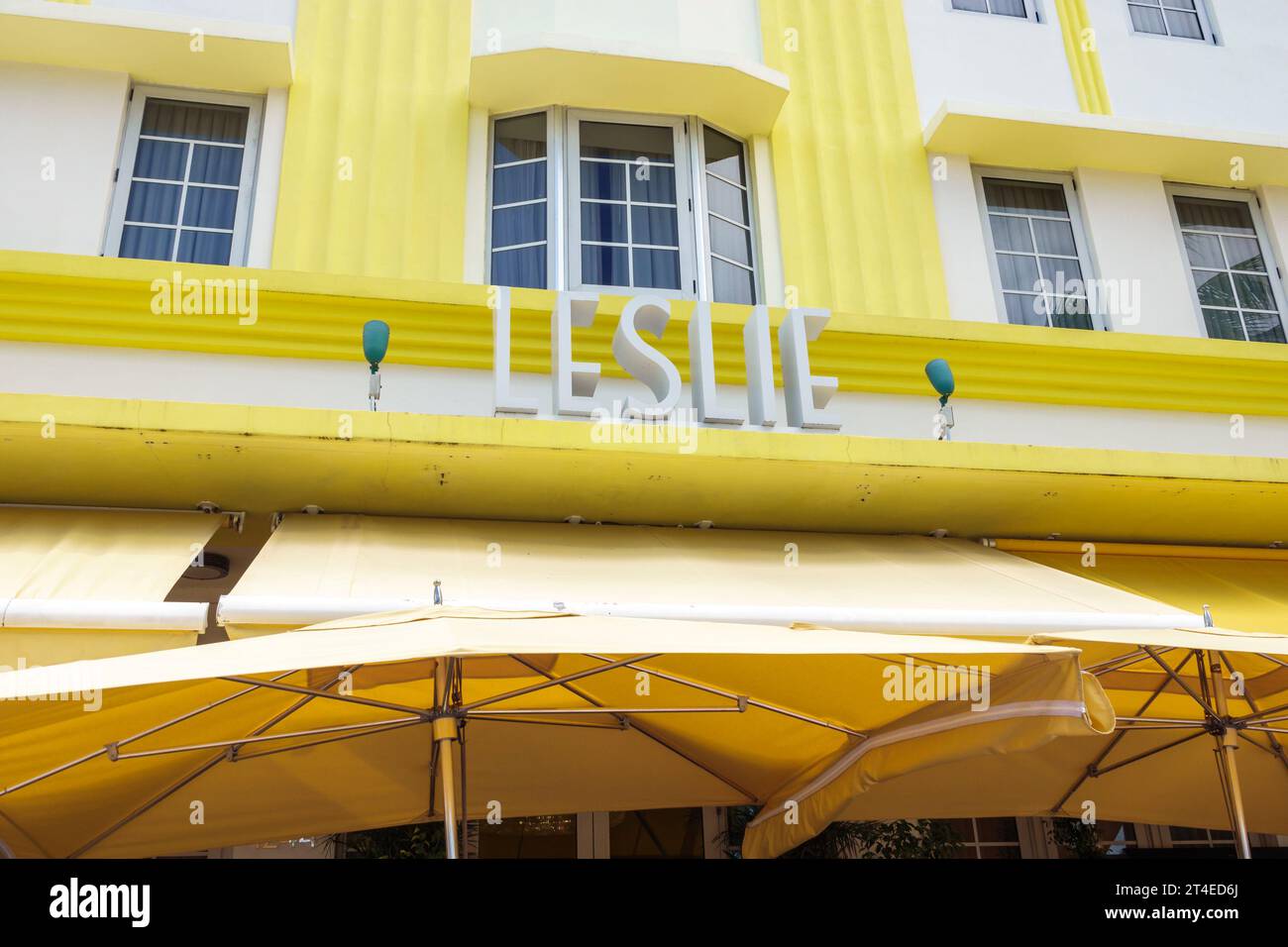 Miami Beach Florida,outside exterior,building front entrance hotel,Ocean Drive Leslie Hotel Ocean Drive sign,Art Deco style architecture,hotels motels Stock Photo