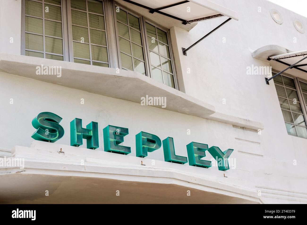 Miami Beach Florida,outside exterior,building front entrance hotel,Collins Avenue,The Shepley Hotel sign,hotels motels businesses Stock Photo