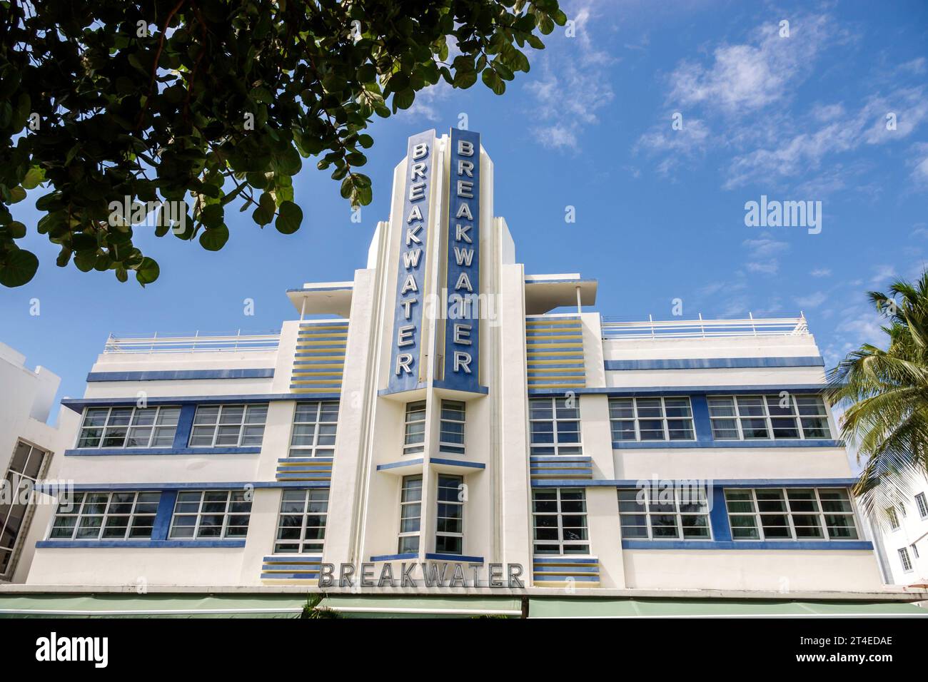 Miami Beach Florida,outside exterior,building front entrance hotel,Ocean Drive,Hotel Breakwater South Beach sign,Art Deco style architecture,hotels mo Stock Photo