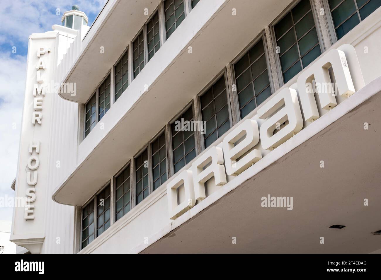 Miami Beach Florida,outside exterior,building front entrance hotel,Collins Avenue,Dream South Beach sign,Art Deco style architecture,hotels motels bus Stock Photo