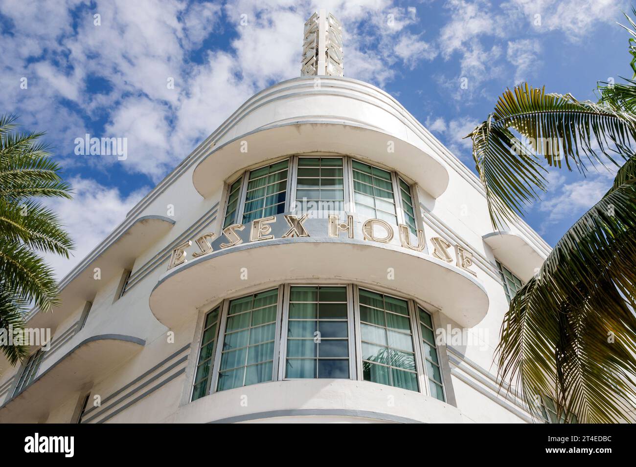 Miami Beach Florida,outside exterior,building front entrance hotel,Collins Avenue,Essex House by Clevelander sign,Art Deco style architecture,hotels m Stock Photo