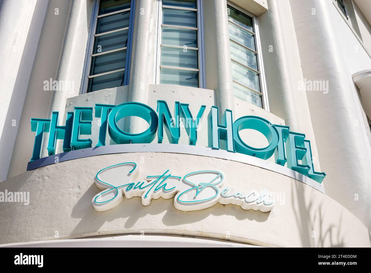 Miami Beach Florida,outside exterior,building front entrance hotel,Collins Avenue,The Tony Hotel South Beach sign,hotels motels businesses Stock Photo