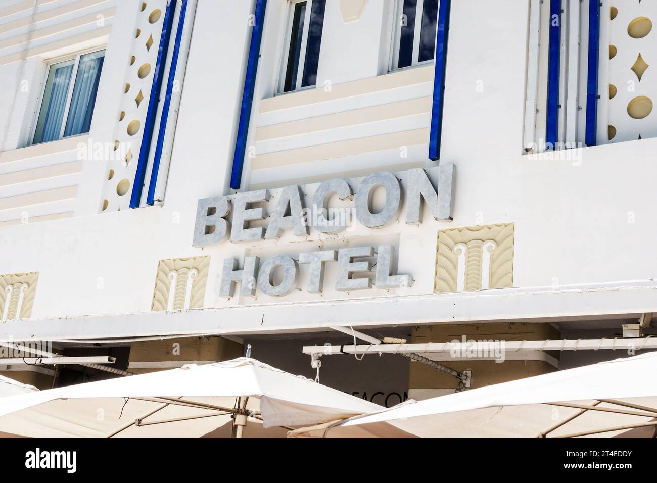 Miami Beach Florida,outside exterior,building front entrance hotel,Ocean Drive,Beacon South Beach Hotel sign,Art Deco style architecture,hotels motels Stock Photo