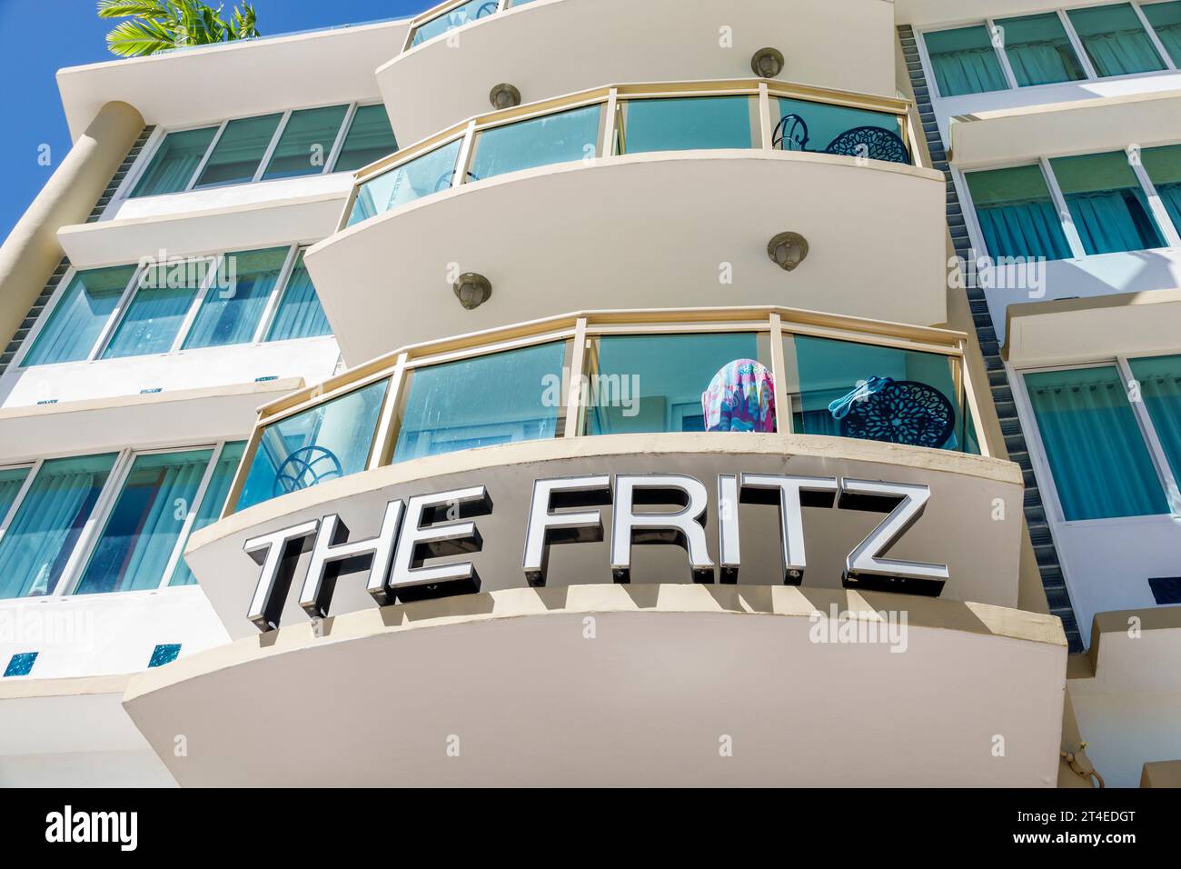 Miami Beach Florida,outside exterior,building front entrance hotel,Ocean Drive,The Fritz Hotel sign,hotels motels businesses Stock Photo