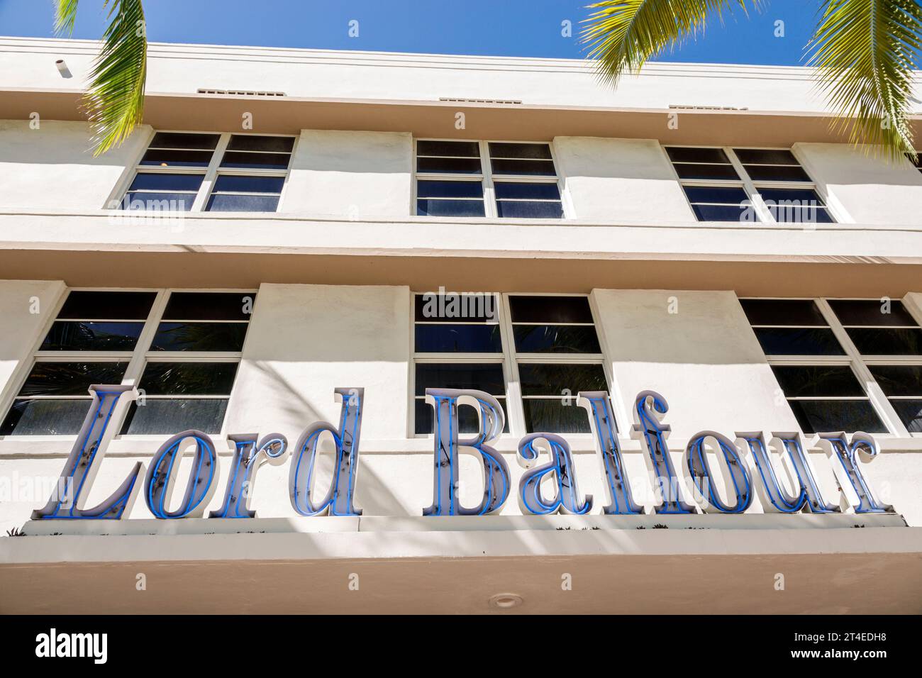 Miami Beach Florida,outside exterior,building front entrance hotel,Ocean Drive,The Balfour Hotel Miami Beach sign,Art Deco style architecture,hotels m Stock Photo