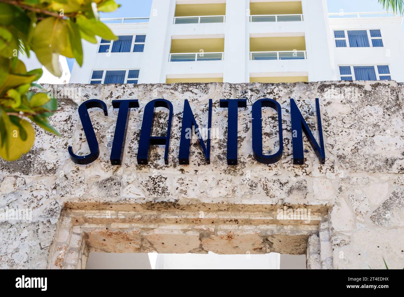 Miami Beach Florida,outside exterior,building front entrance hotel,Ocean Drive,Marriott Stanton South Beach sign,hotels motels businesses Stock Photo