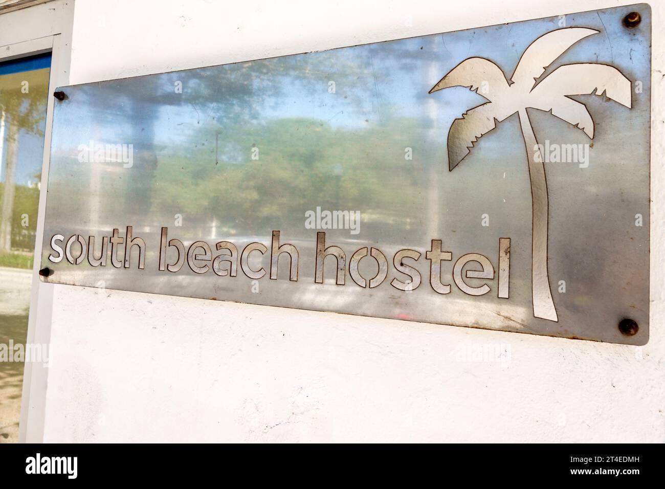 Miami Beach Florida,outside exterior,building front entrance hostel,SoBe Hostel South Beach sign Stock Photo