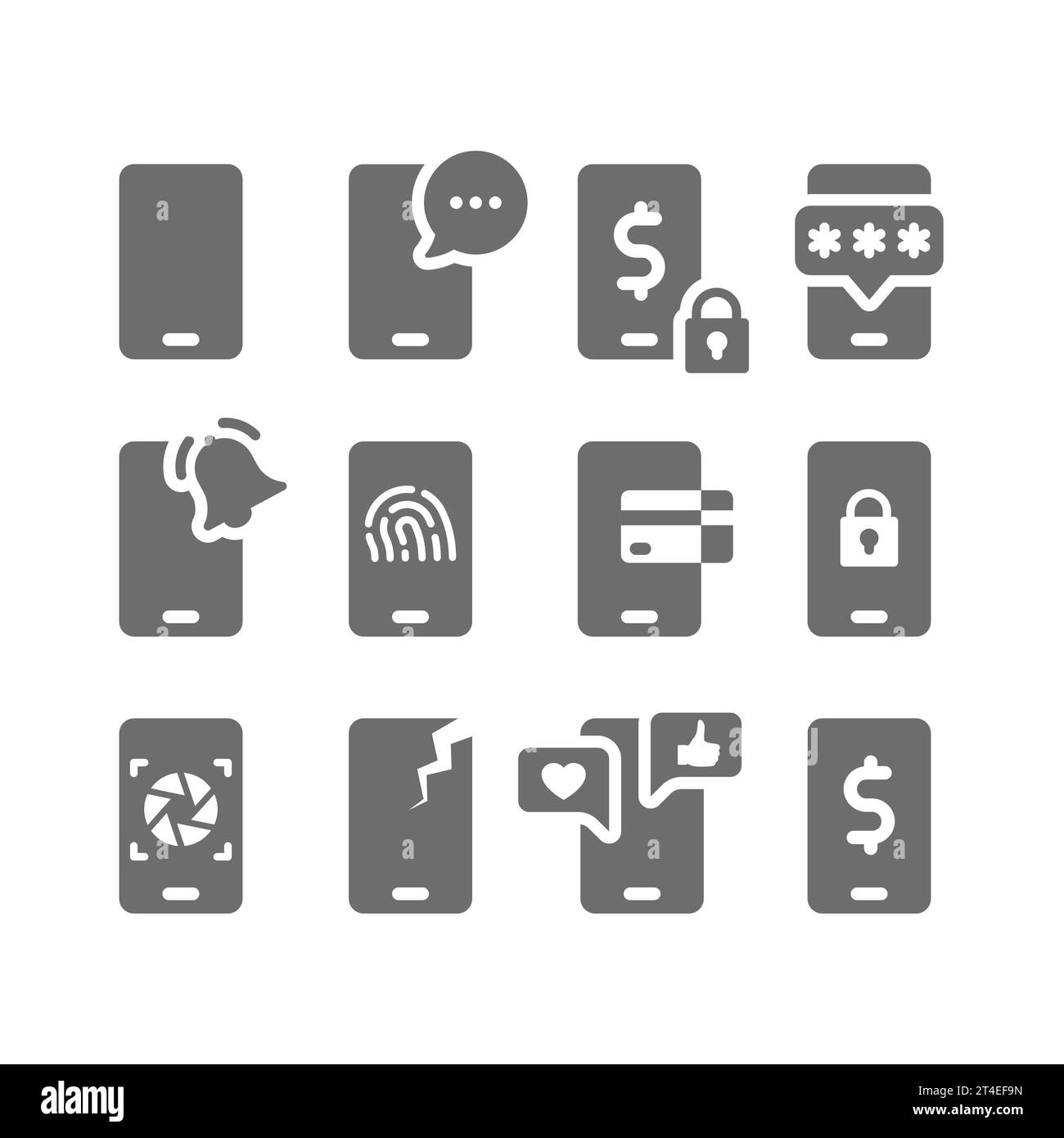 Smartphone with payment, social media and password icon set. Using phone and usage vector icons. Stock Vector
