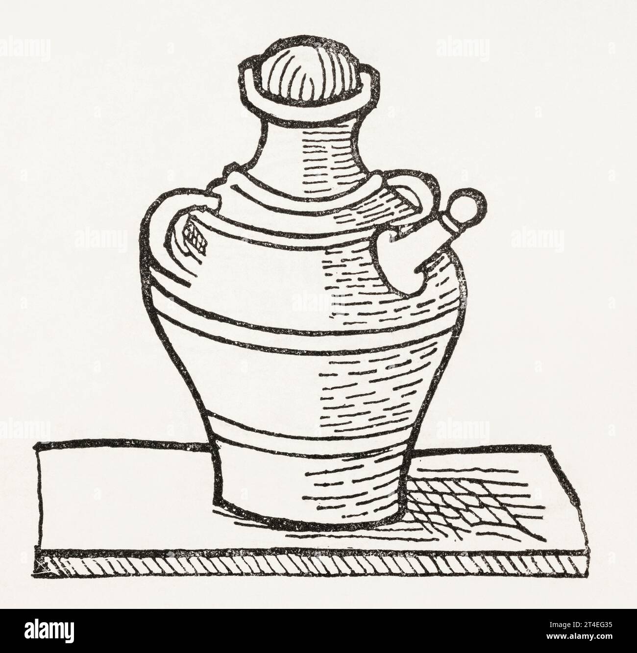 15th c. woodcut of apothecary / pharmacy vinegar jug in Hortus Sanitatis / Garden of Health, 1486. See Notes. Stock Photo