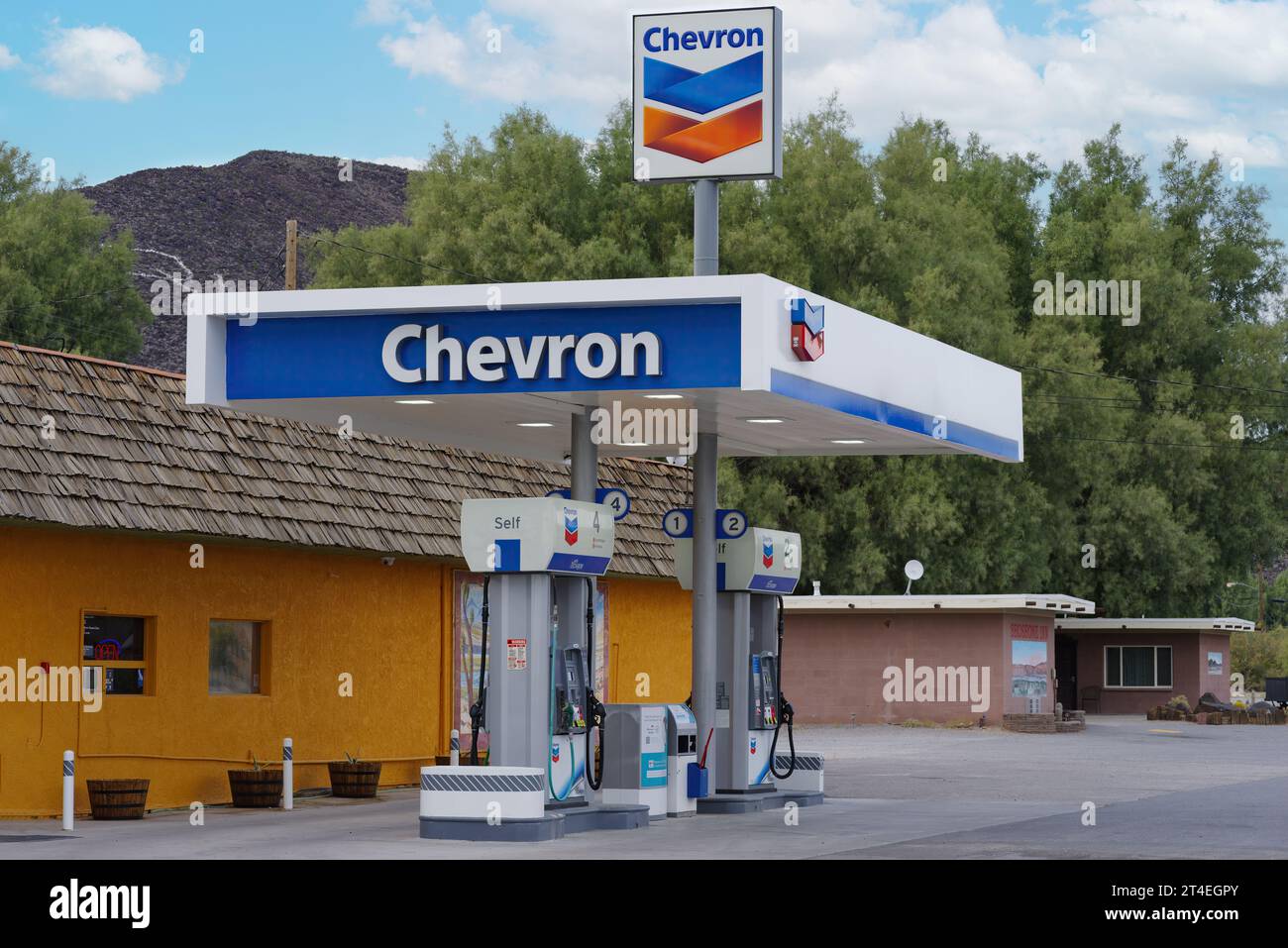 Chevron gas station shown in the Mojave Desert, California. Shoshone is