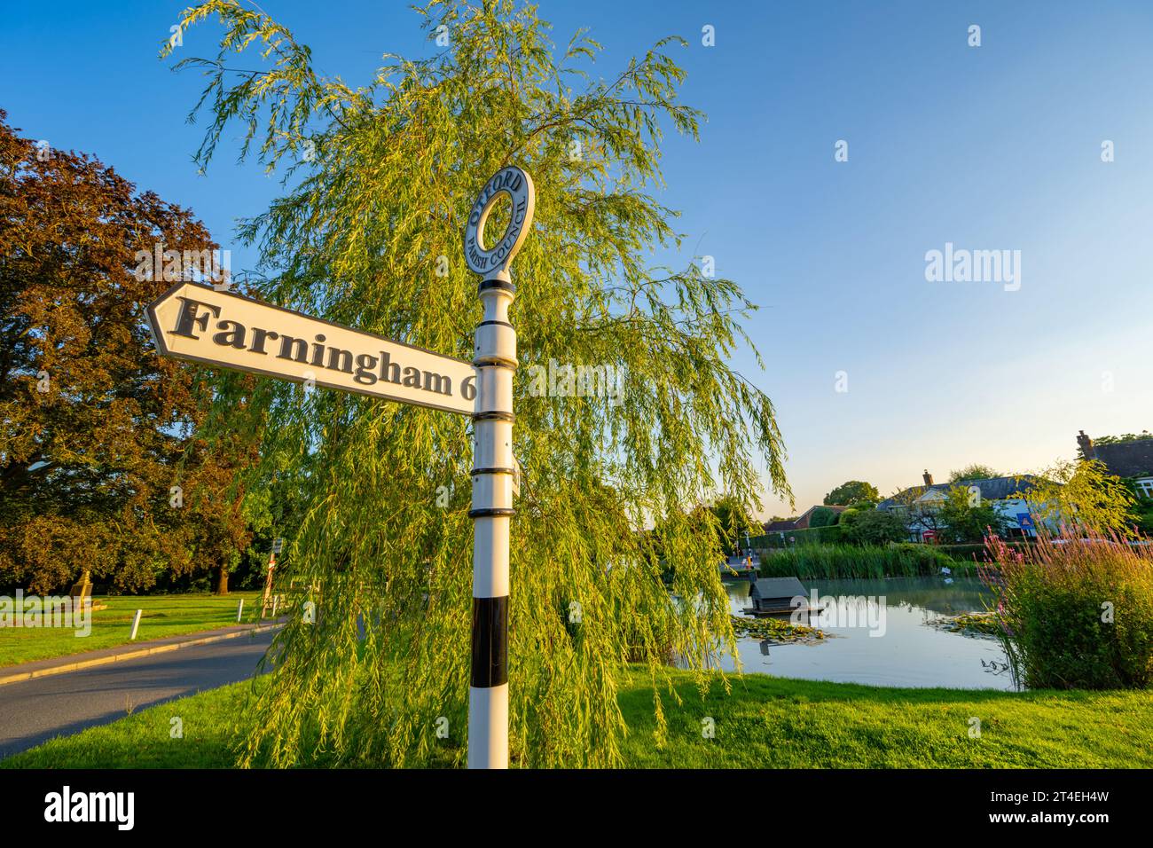 Signpost near the Listed duck pond on the roundabout in Otford Kent. Stock Photo