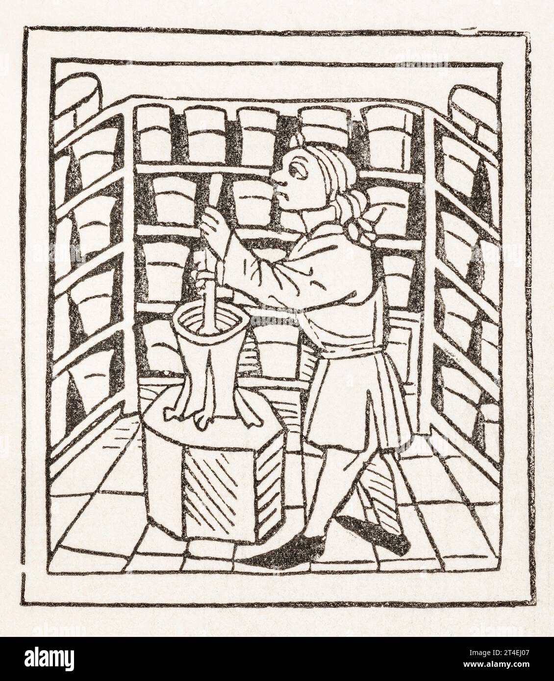 Woodcut of apothecary / drugstore in 'Ars Memorativa' published by Anton Sorg in 1470. Note 3-legged mortar with pestle. See Notes. Stock Photo