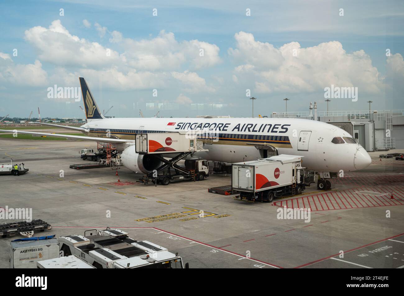 16.07.2023, Singapore, Republic of Singapore, Asia - Singapore Airlines Boeing 787-10 Dreamliner passenger aircraft on the tarmac at Changi Airport. Stock Photo