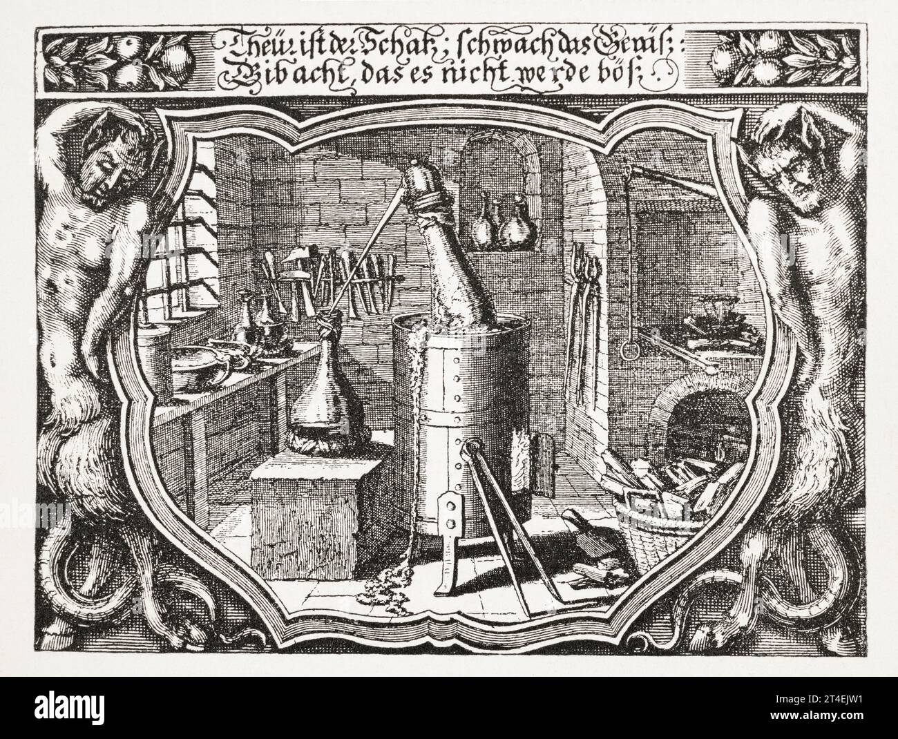 17th c. pharmacy / apothecary laboratory; portable stove with distilling equipment including retort / alembic apparatus. 1663. See Notes. Stock Photo