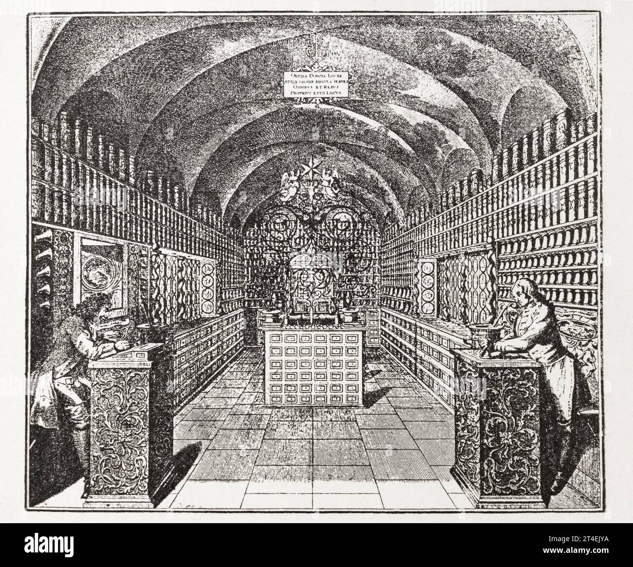 1710 copper plate engraving of 2 apothecary assistants in legendary 'Star Pharmacy' in Nuremburg & which operated well into 19th c. See Notes. Stock Photo