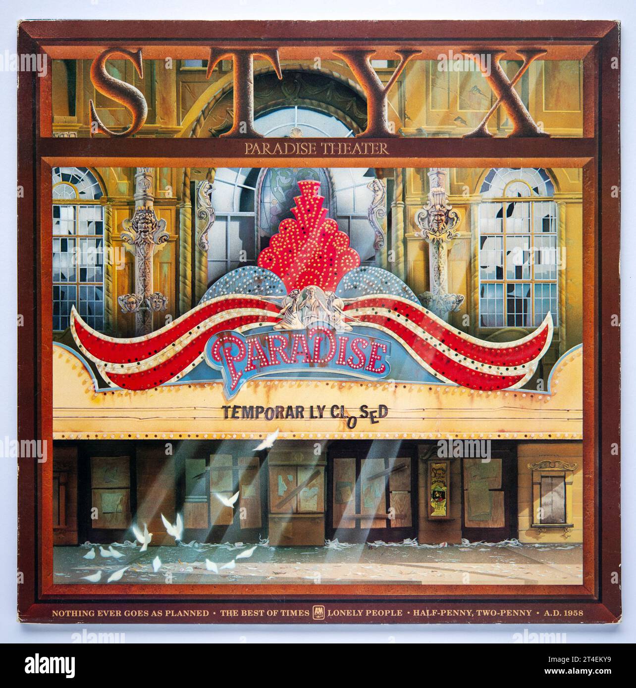 Back cover of Paradise Theatre LP, the tenth studio album by American rock band Styx, which was released in 1981 Stock Photo