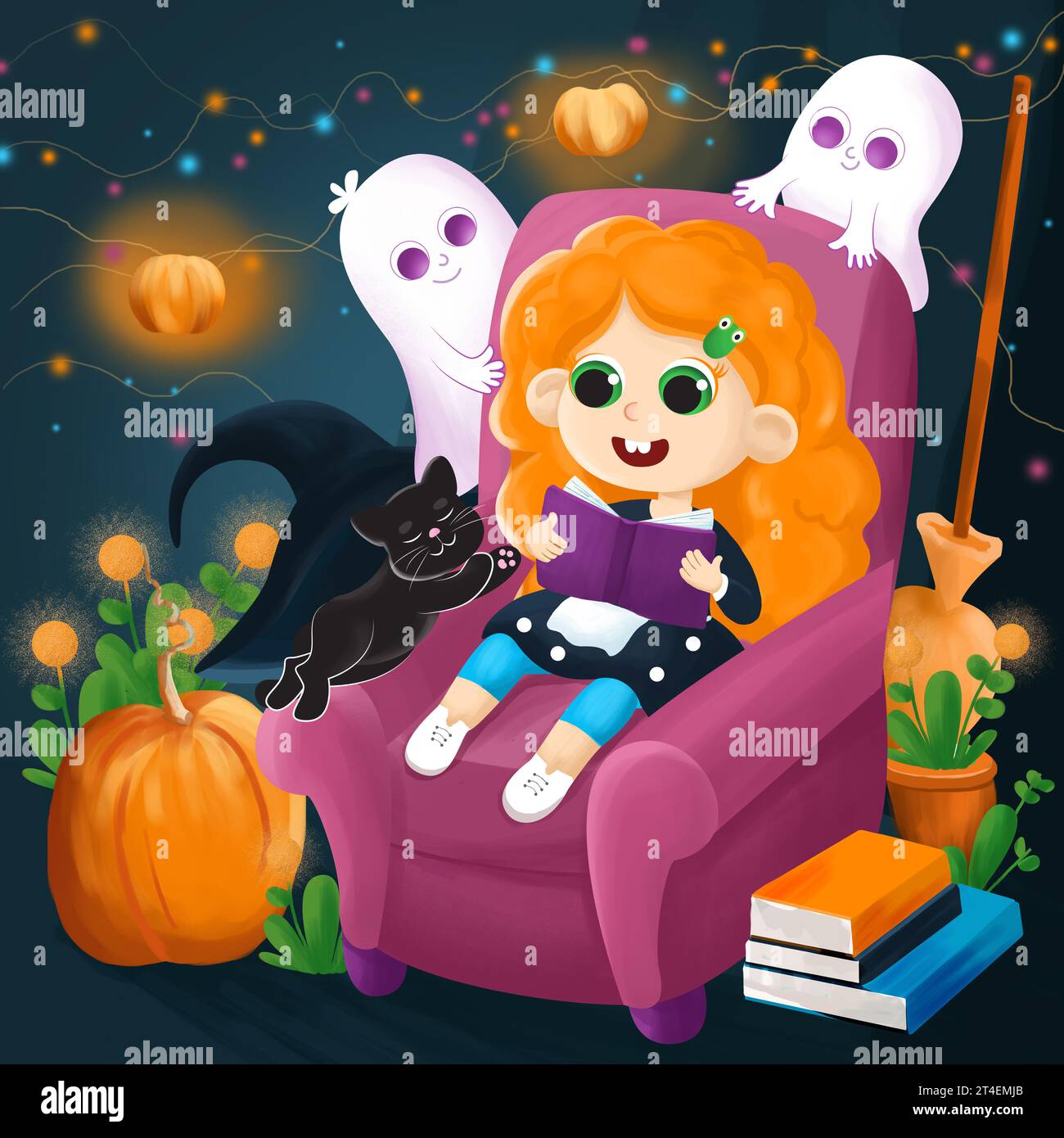A little witch is sitting on a chair and reading a book. Next to her is a black cat and two ghosts, as well as pumpkins. Halloween illustration. Stock Photo
