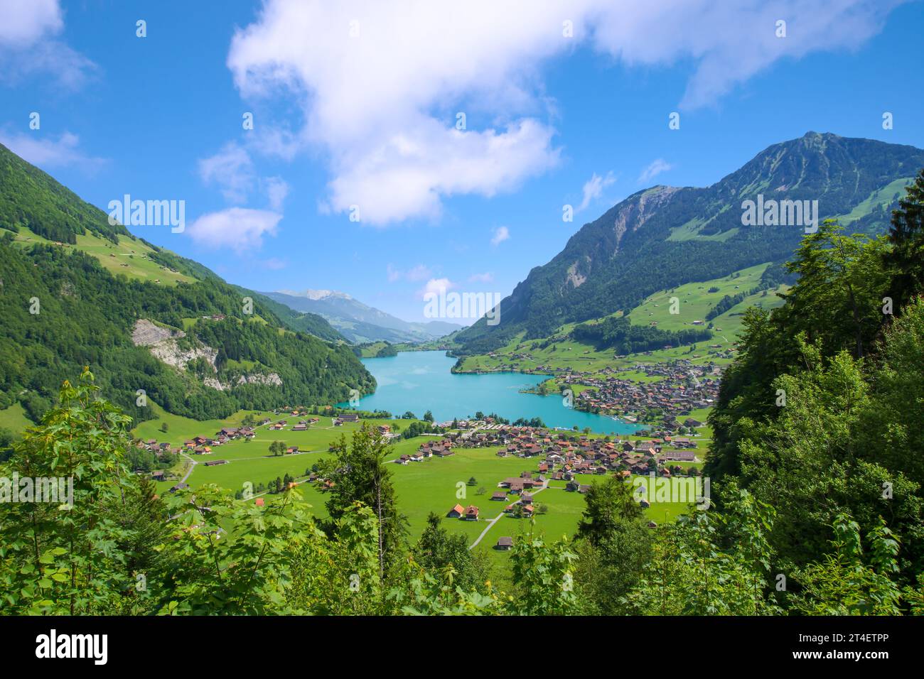 Lake Lungern Valley from Brunig Pass between Lucerne and Interlaken, Switzerland Stock Photo