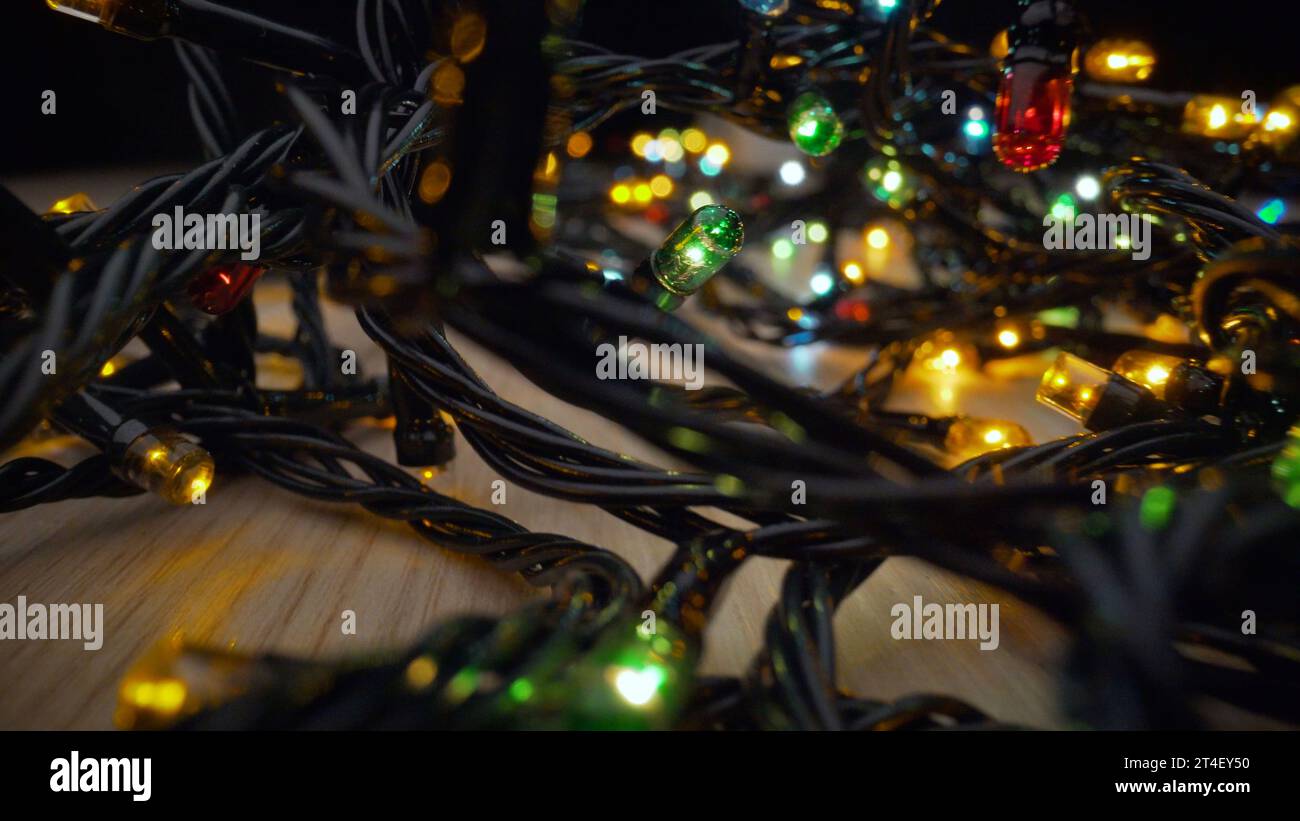 Christmas garland with multi colored bulbs and lights, Christmas