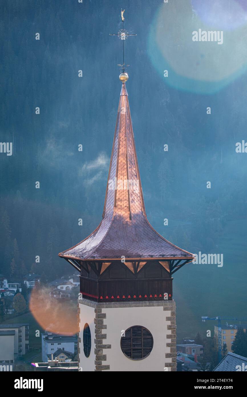 The new copper roof of the St. Mary's Church in Davos, Switzerland - Oct. 2023 Stock Photo