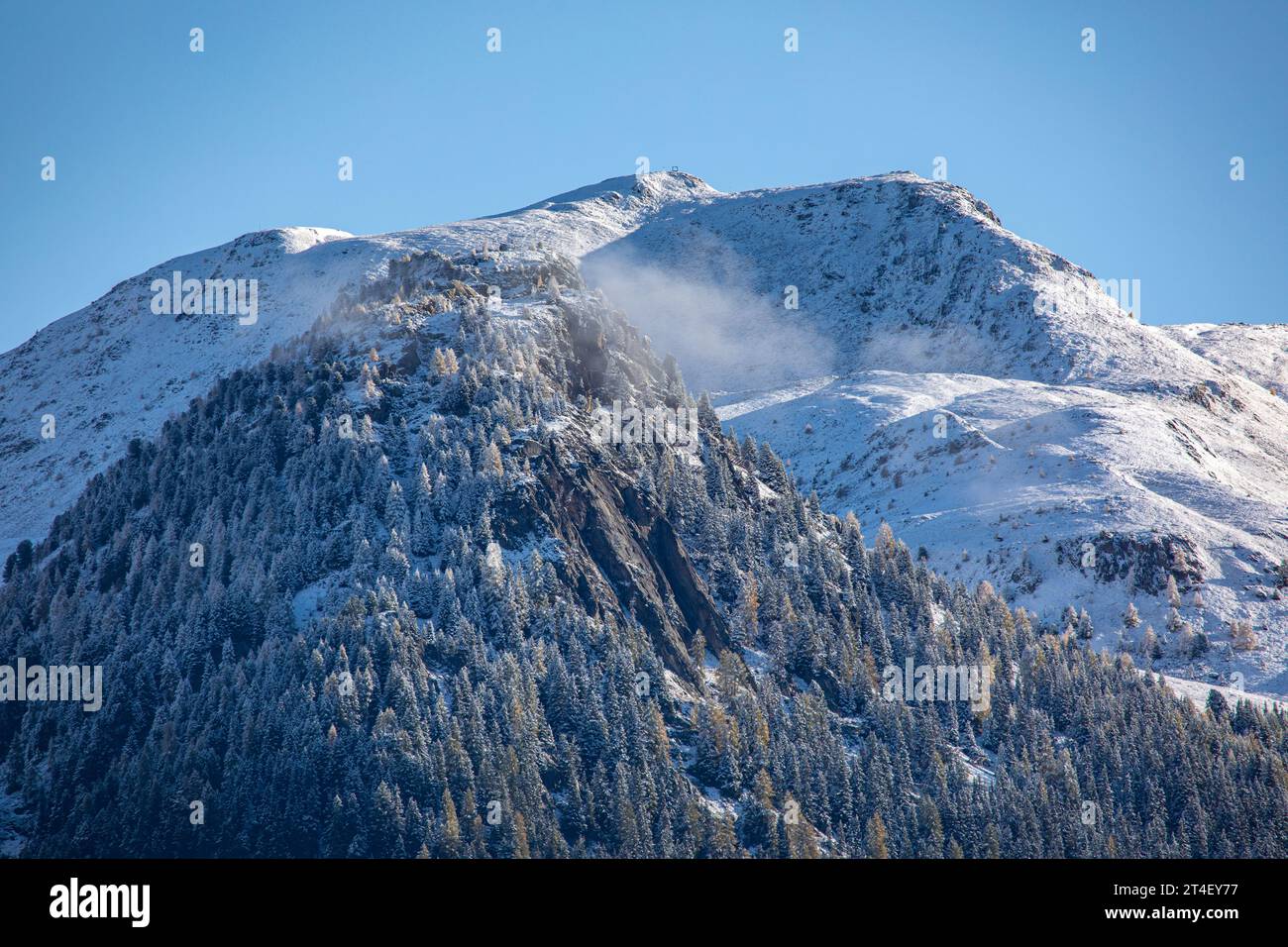 First snow on the top of the mountains near Davos, Switzerland Stock Photo