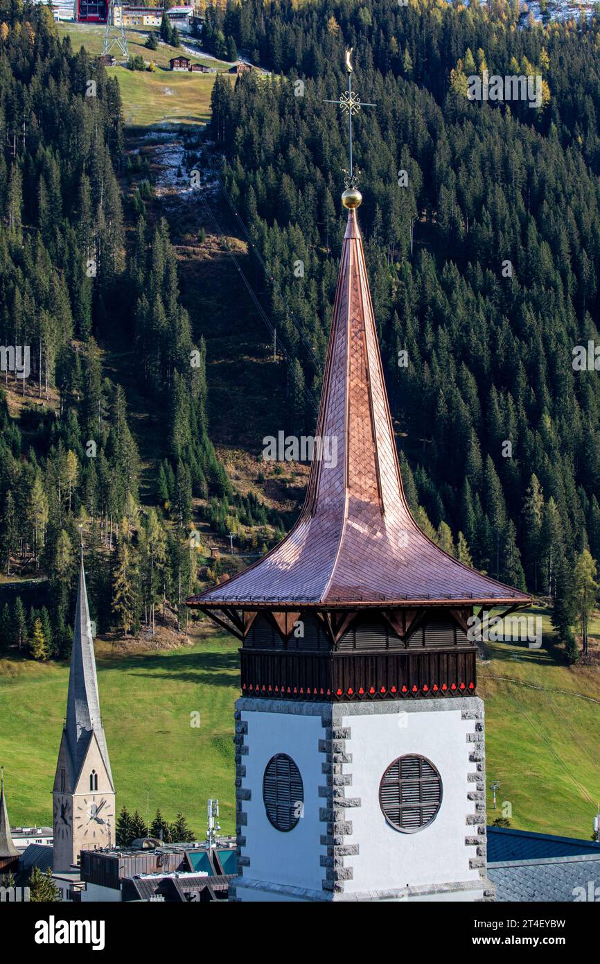 The new copper roof of the St. Mary's Church in Davos, Switzerland - Oct. 2023 Stock Photo