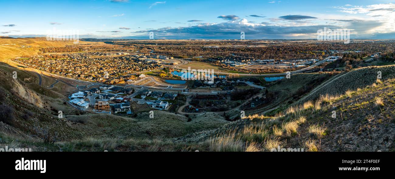 This panoramic image shows how the Harris Ranch/Barber Valley development is taking over the floodplain and foothills east of Boise, Idaho. Stock Photo