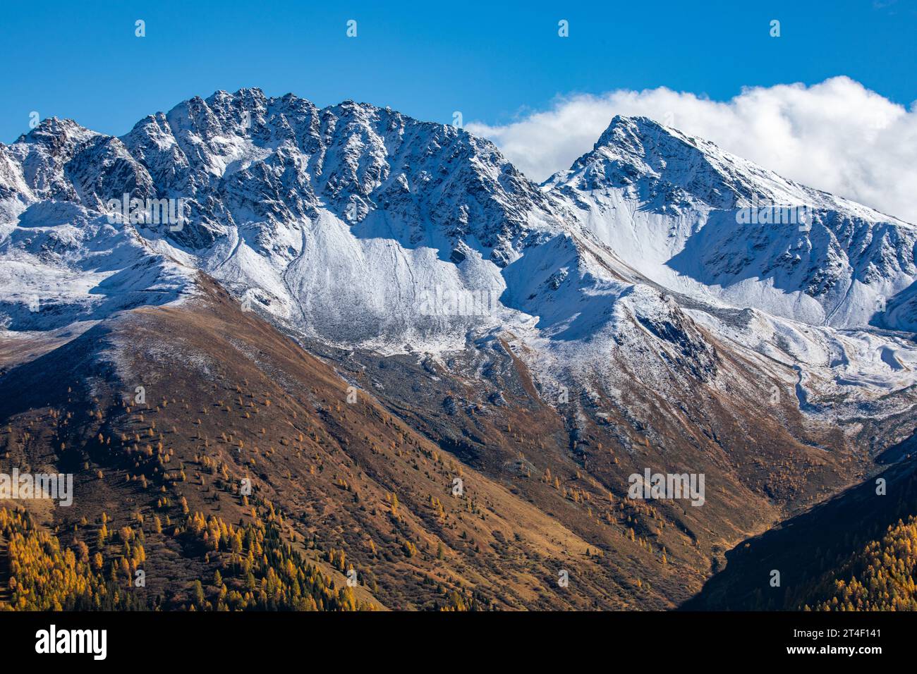 Amazing view over snow covered mountains with first snow in October. Near Davos, Switzerland Stock Photo