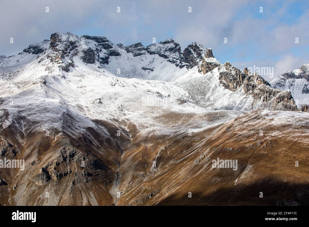 Amazing view over snow covered mountains with first snow in October. Near Davos, Switzerland Stock Photo