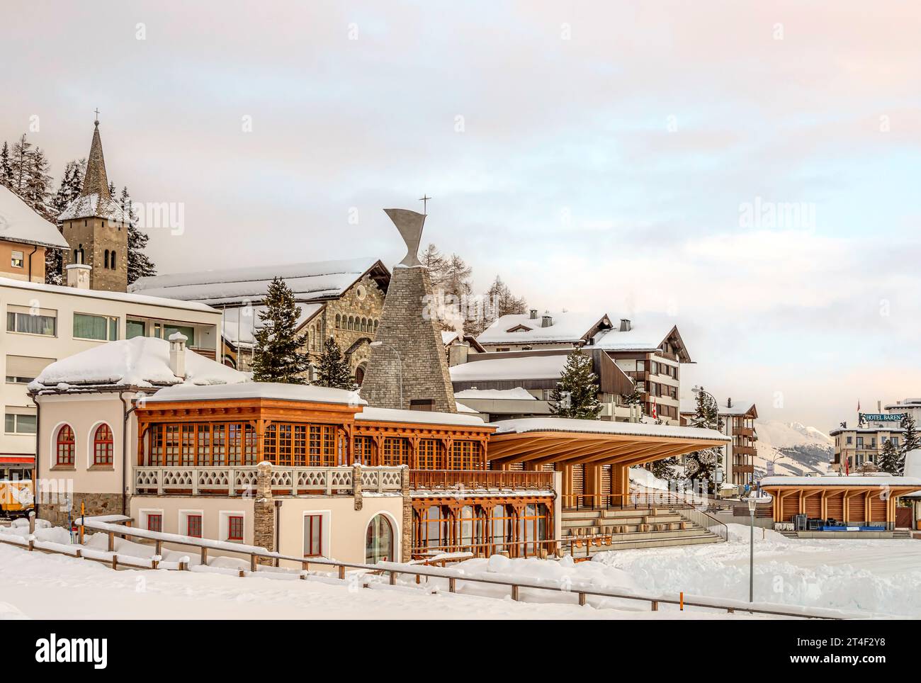 Natural Ice rink, Kulm Country Club, Kulm Park at dusk, St.Moritz, Grisons, Switzerland Stock Photo