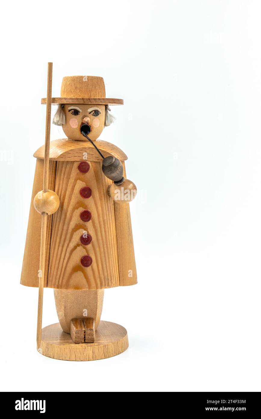 Closeup of a original handcarved wooden German Christmas Shepherd