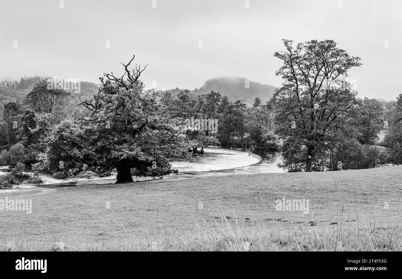 Horeshoe Falls the start of the Llangollen canal pictured from the hillside in black and white in October 2023. Stock Photo