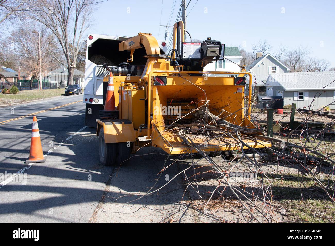 Wood chipper during a tree removal in Greene County, New York, USA Stock Photo