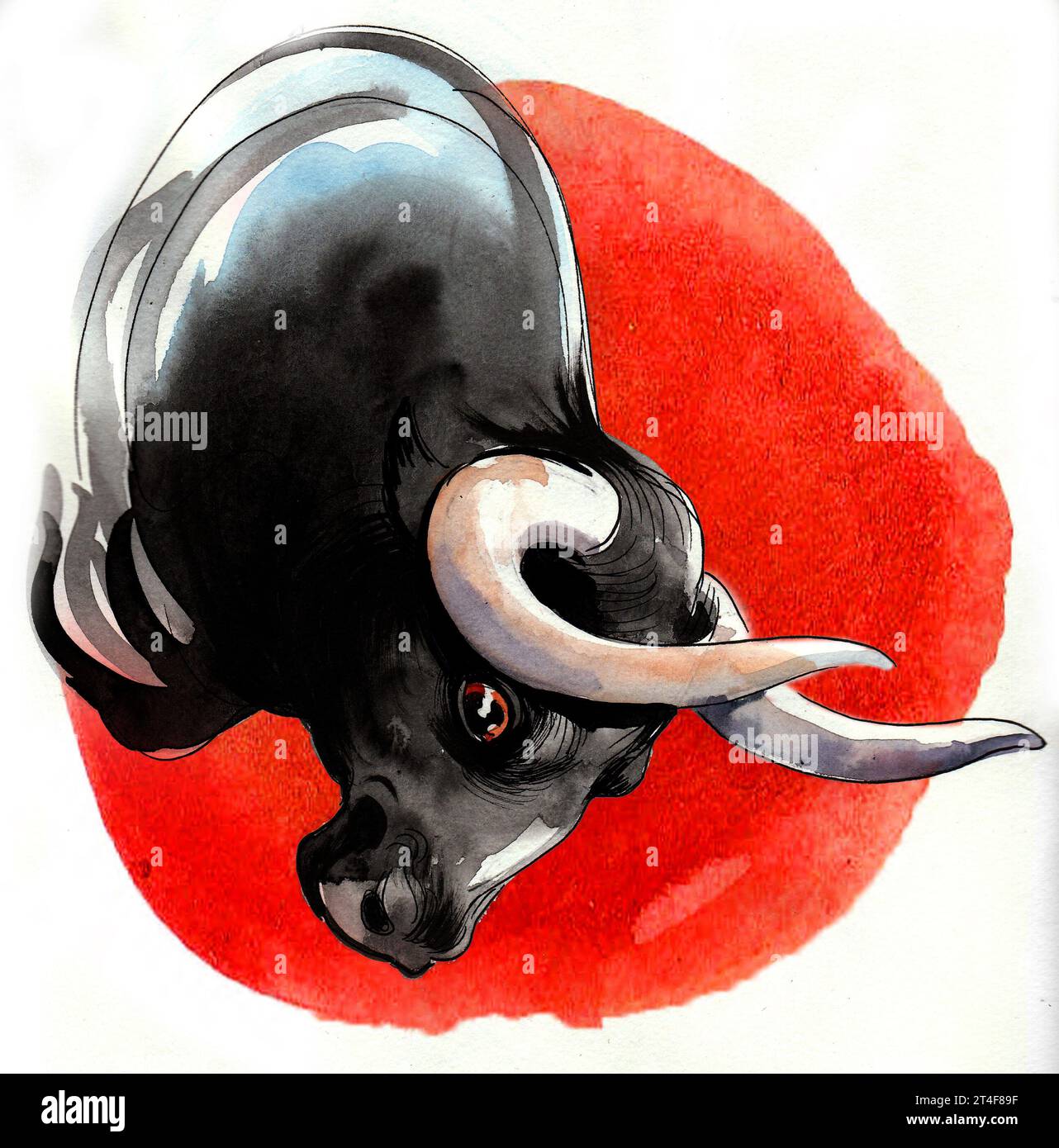Black bull head on red background. Hand-drawn ink and watercolor ...