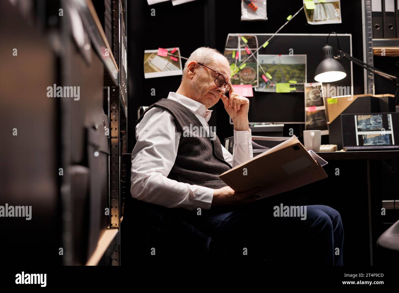 Old police officer working overtime at missing person case, analyzing crime scene evidence. Elderly private detective sitting at desk reading confidential victim files in arhive room Stock Photo