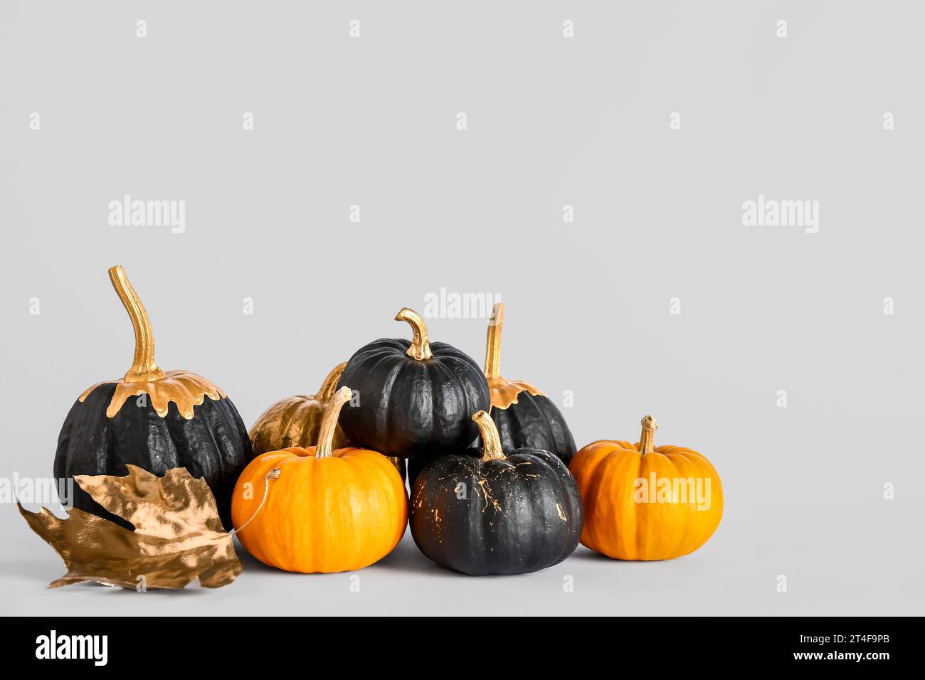 Pumpkins with golden leaf on white background Stock Photo - Alamy