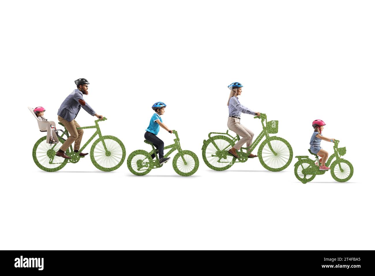 Parents with children riding green bicycles, sustainable mobility