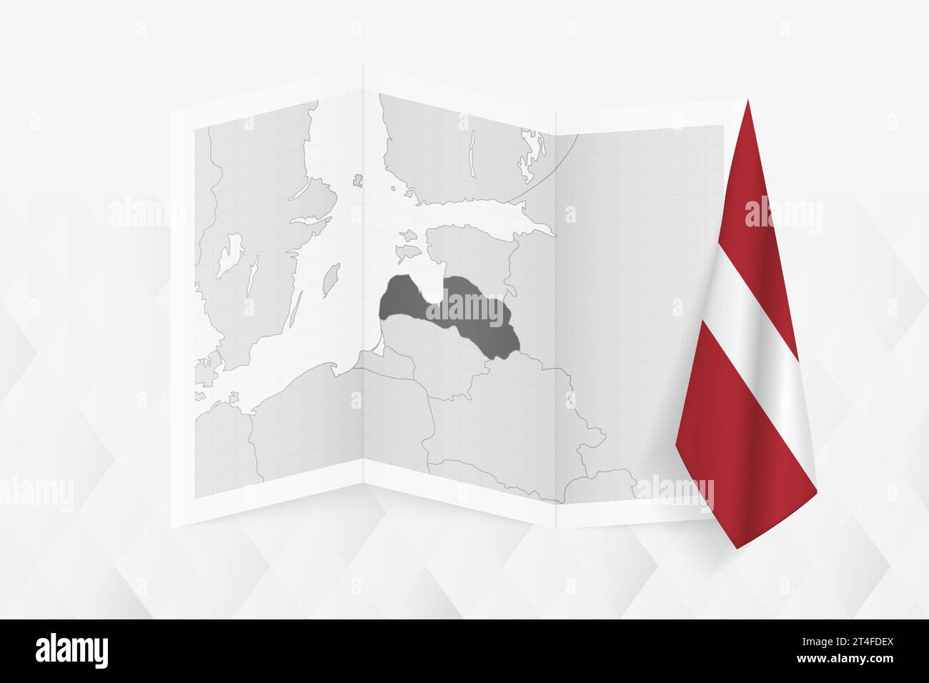 A grayscale map of Latvia with a hanging Latvian flag on one side. Vector map for many types of news. Vector illustration. Stock Vector