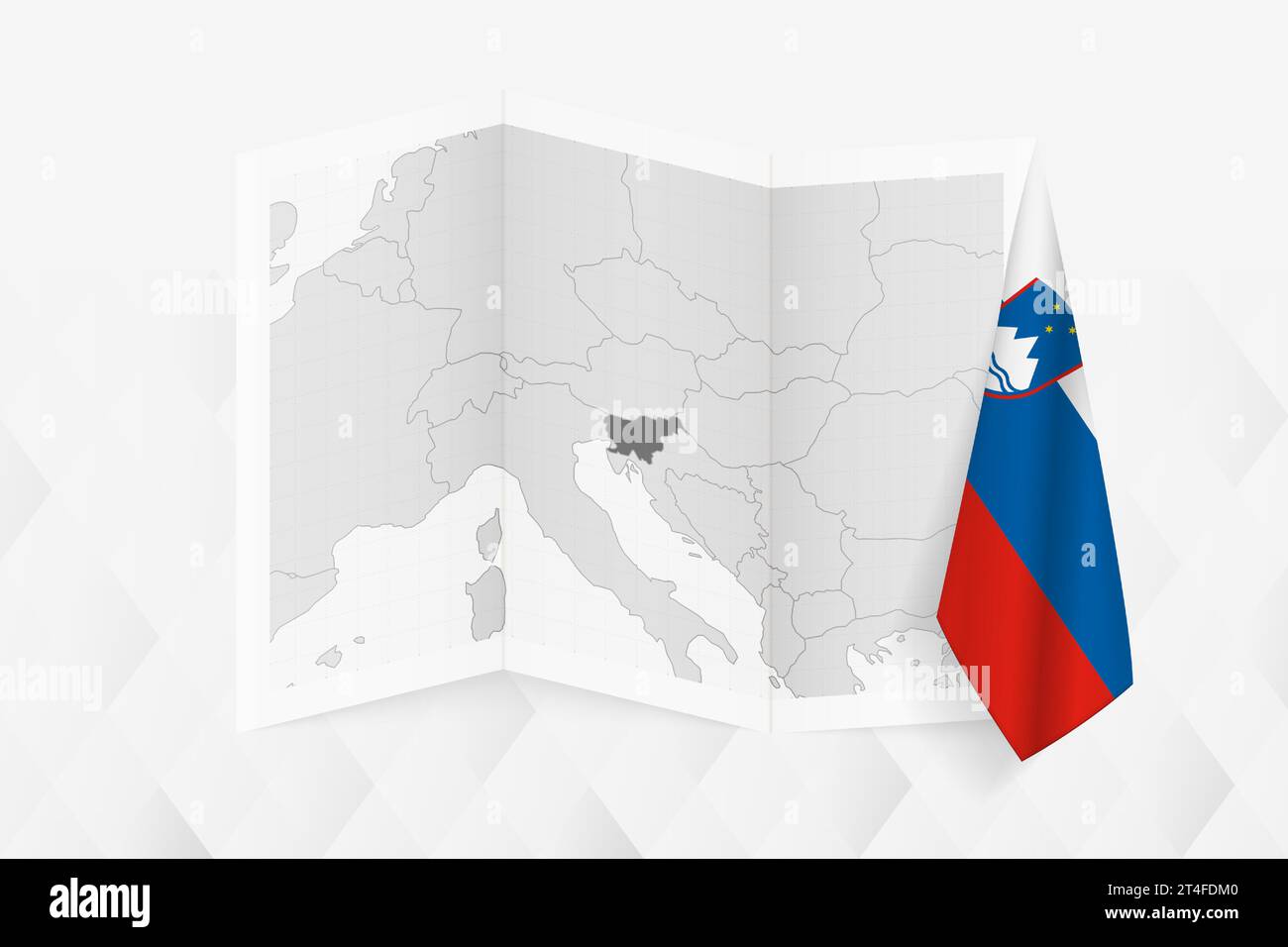A grayscale map of Slovenia with a hanging Slovenian flag on one side ...