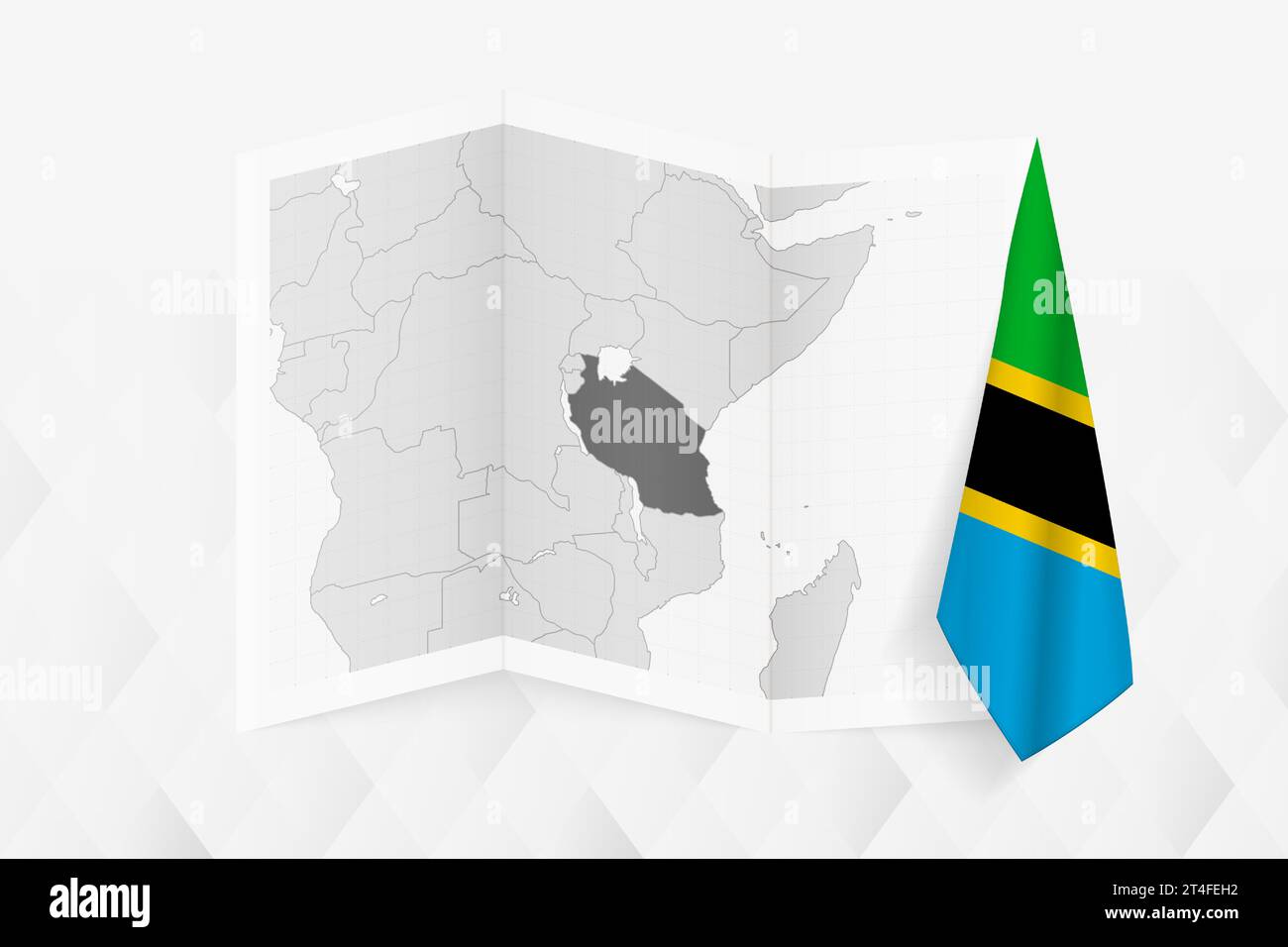 A grayscale map of Tanzania with a hanging Tanzanian flag on one side. Vector map for many types of news. Vector illustration. Stock Vector