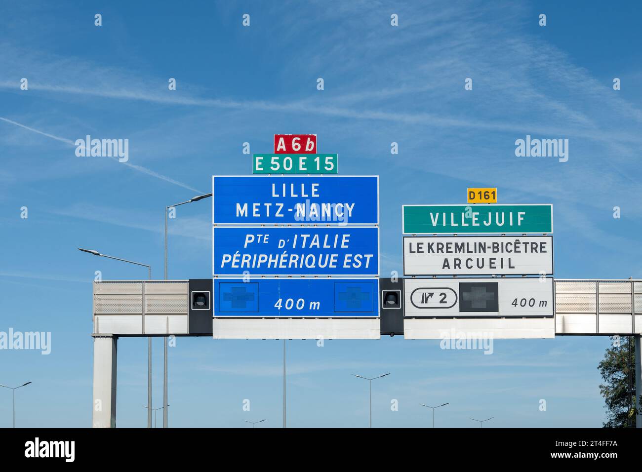 Highway road signs Paris, driving in heavy traffic on ring road of