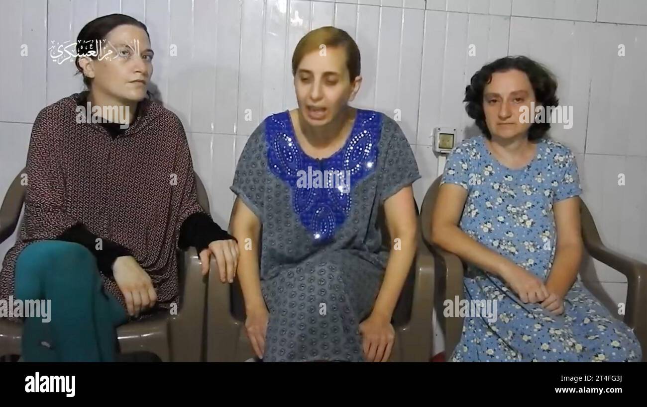 Palestine. 30th Oct, 2023. A screengrab from a video released by Hamas on Monday, October 30, 2023, shows three women (L-R), Yelena Trupanov, Daniel Aloni, and Ramon Kirsht, who were kidnapped and taken to Gaza on October 7th. Israeli PM Netanyahu condemned the clip as 'cruel psychological propaganda'. Screengrab via Hamas video/UPI Credit: UPI/Alamy Live News Credit: UPI/Alamy Live News Stock Photo