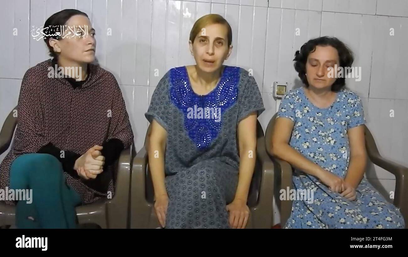 Palestine. 30th Oct, 2023. A screengrab from a video released by Hamas on Monday, October 30, 2023, shows three women (L-R), Yelena Trupanov, Daniel Aloni, and Ramon Kirsht, who were kidnapped and taken to Gaza on October 7th. Israeli PM Netanyahu condemned the clip as 'cruel psychological propaganda'. Screengrab via Hamas video/UPI Credit: UPI/Alamy Live News Credit: UPI/Alamy Live News Stock Photo