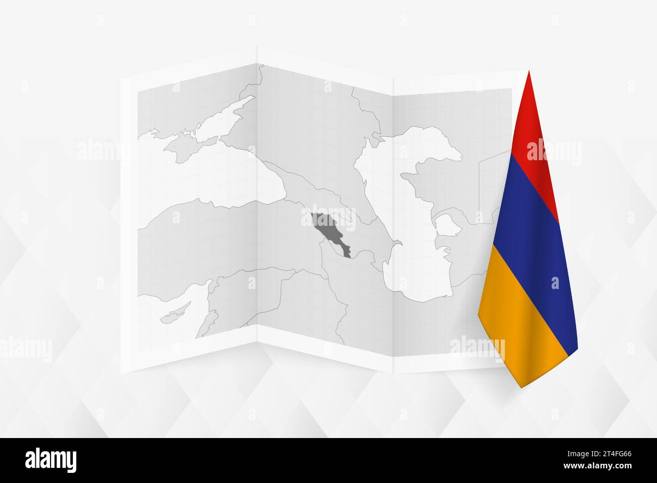 A grayscale map of Armenia with a hanging Armenian flag on one side ...