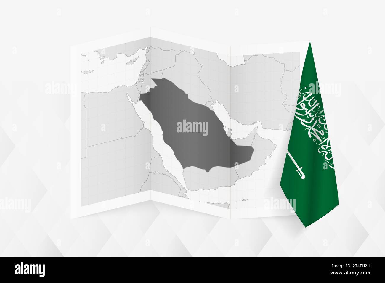 A grayscale map of Saudi Arabia with a hanging Saudi Arabian flag on