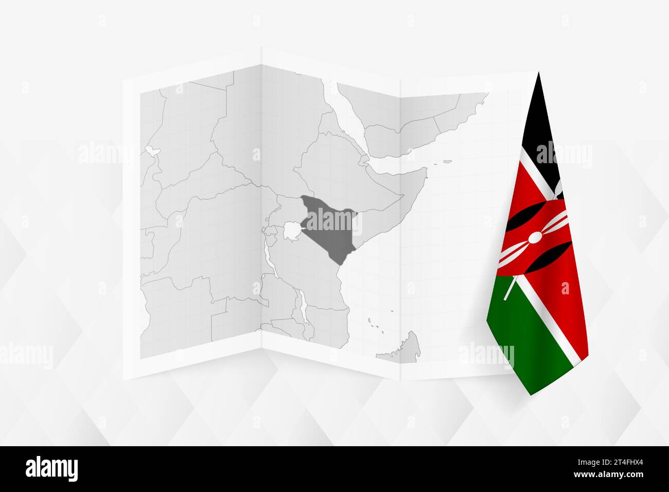 A grayscale map of Kenya with a hanging Kenyan flag on one side. Vector map for many types of news. Vector illustration. Stock Vector