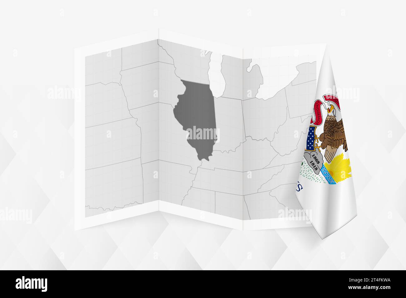 A grayscale map of Illinois with a hanging Illinois flag on one side. Vector map for many types of news. Vector illustration. Stock Vector