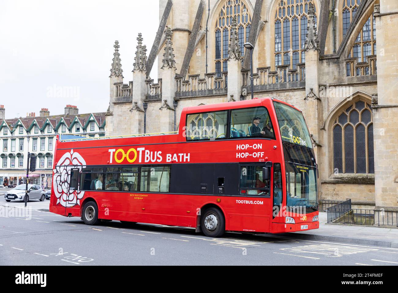 Red Toot tour sightseeing bus in Bath city centre, Somerset, England,UK