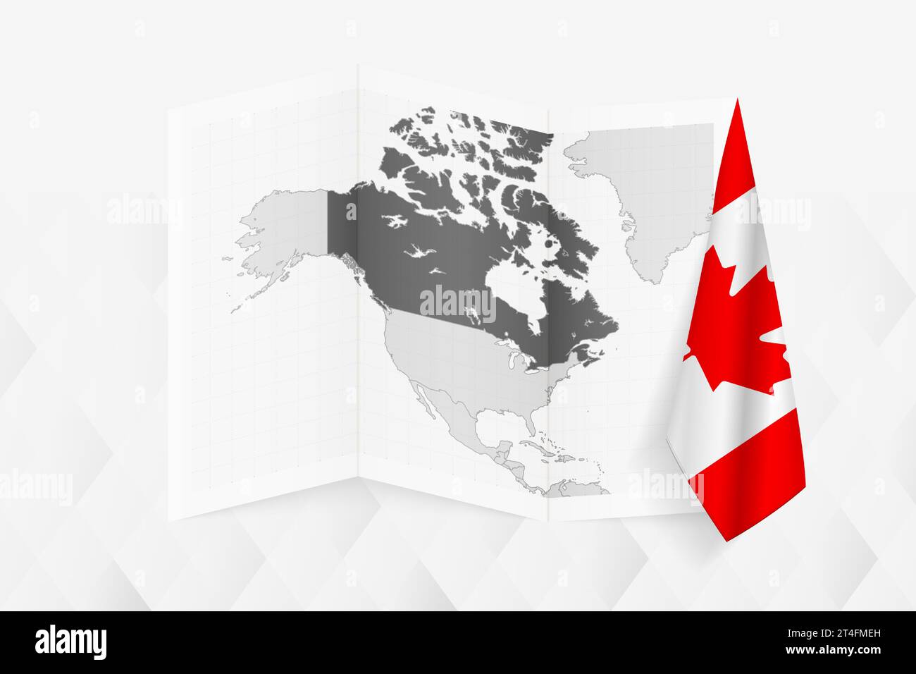 A grayscale map of Canada with a hanging Canadian flag on one side ...