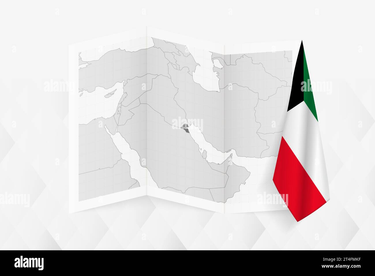 A grayscale map of Kuwait with a hanging Kuwaiti flag on one side